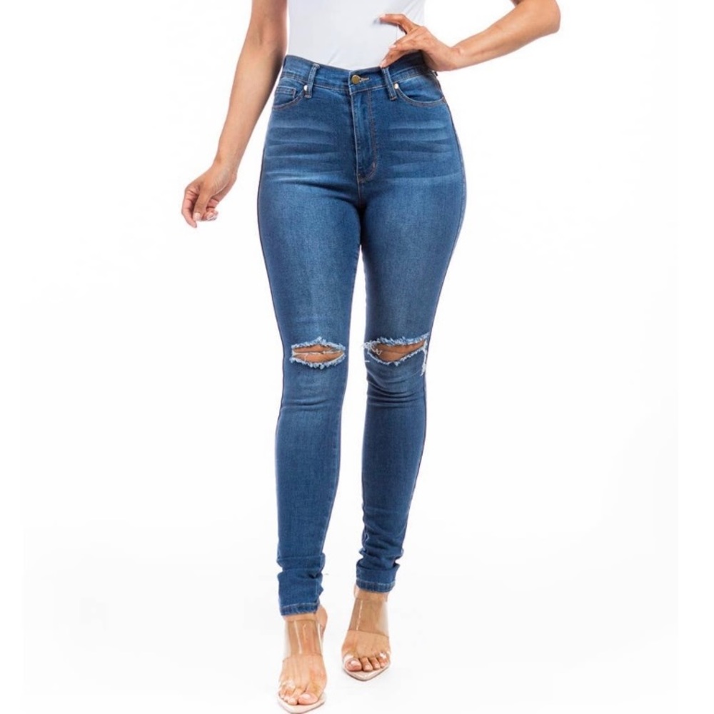 High Waist Slit Knee Skinny Denim Jeans
